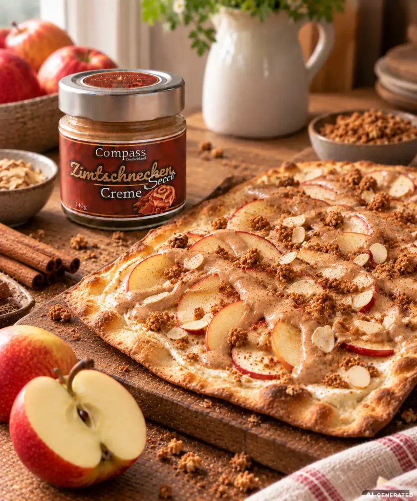 Apfel-Flammkuchen mit Zimtschnecken-Creme
