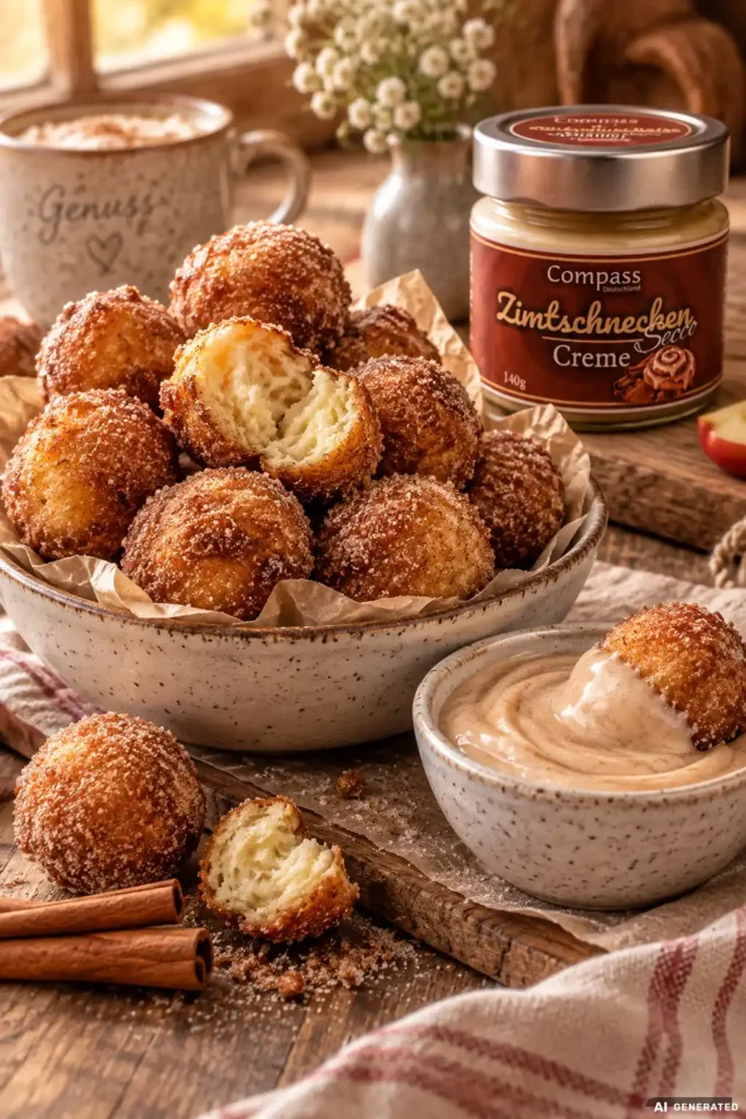 Gebackene Quarkbällchen mit Zimtschnecken-Dip