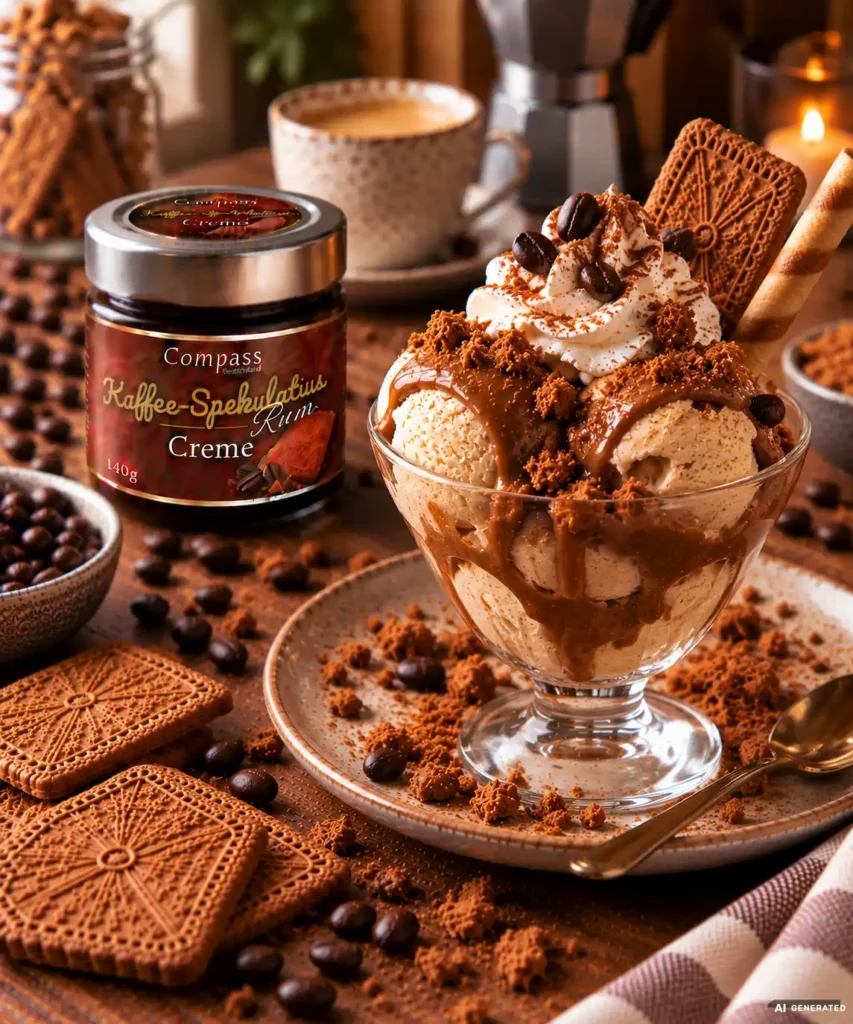 Heiße Kirschen mit Vanilleeis und Kaffee-Spekulatius-Creme
